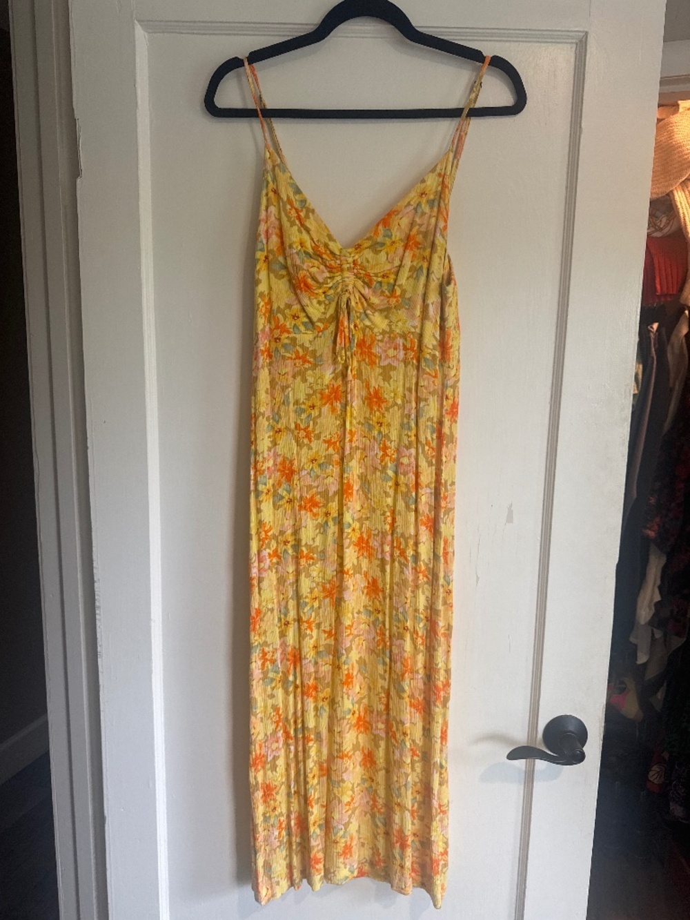 Rip Curl Floral Maxi Dress Yellow Orange Ruched Slip Dress Medium